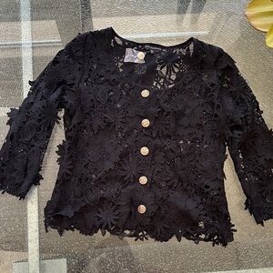 Boston Proper Black Lace Crochet Top with Gold Accent Button